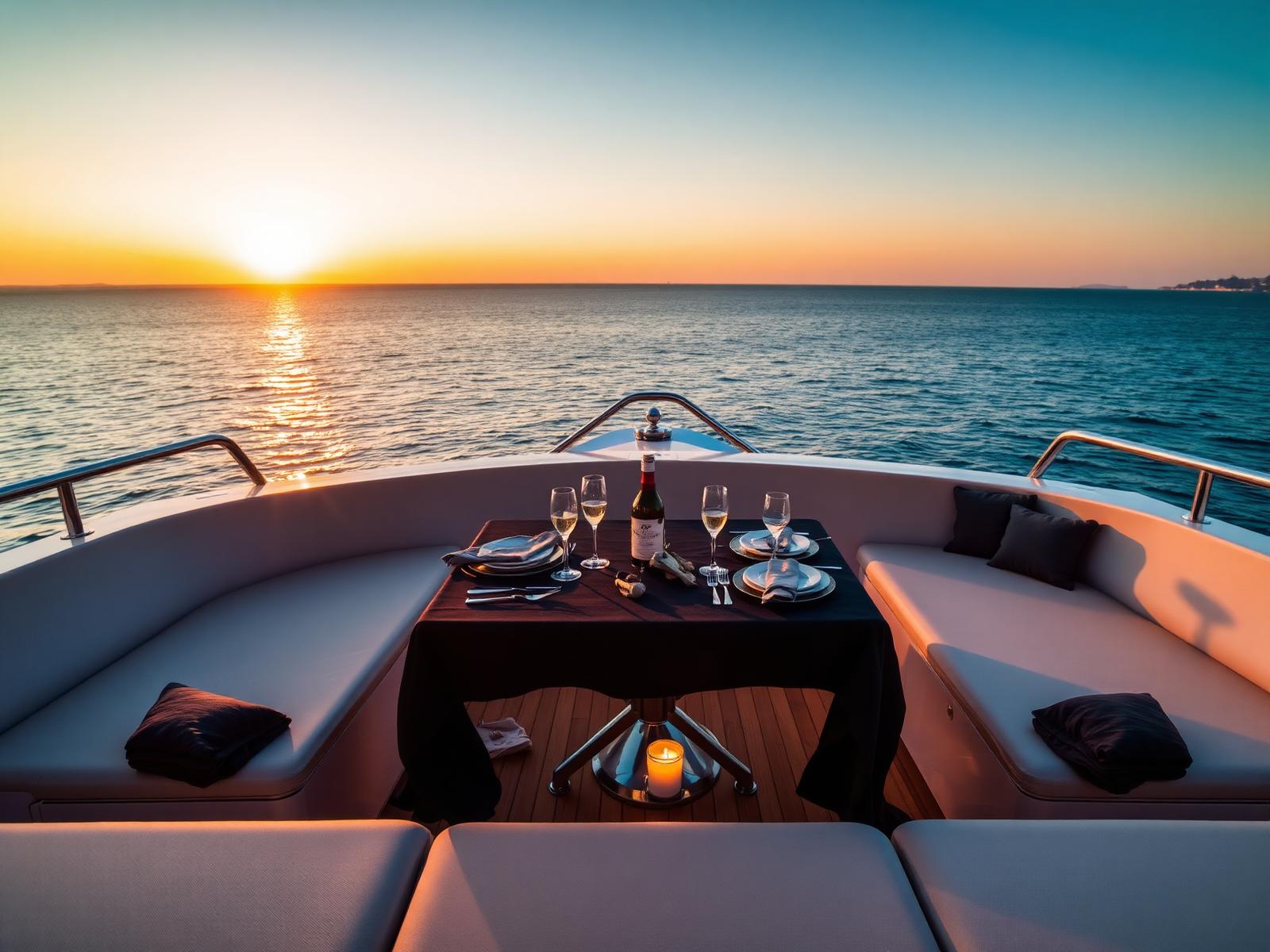 Dining setup on yacht deck at sunset
